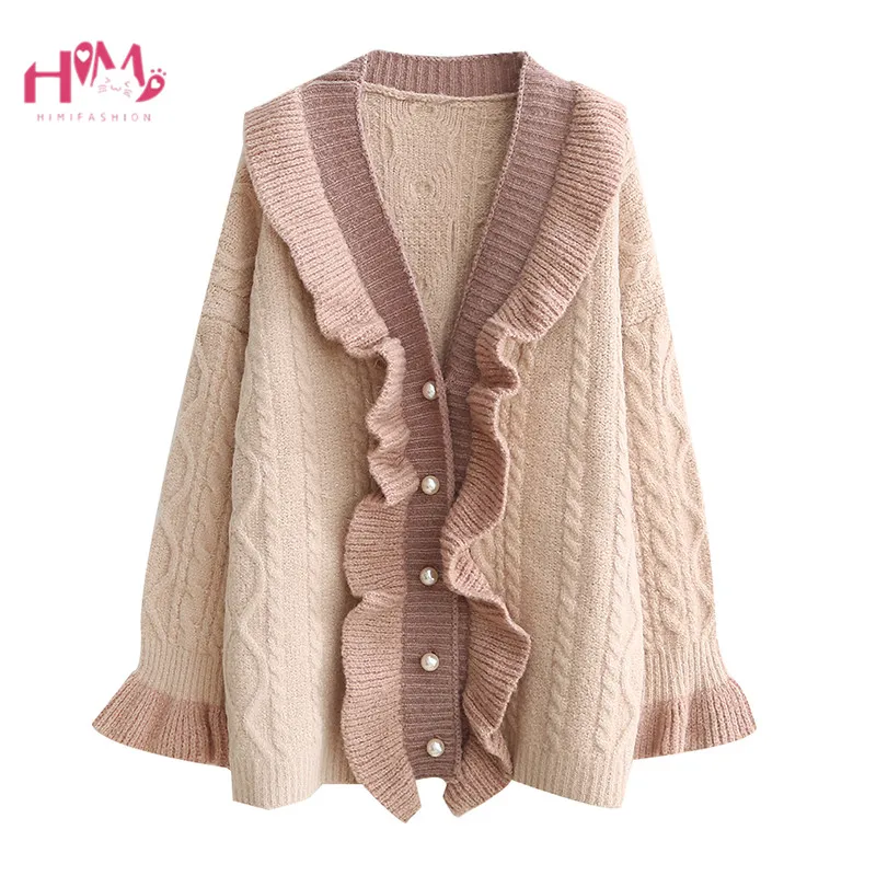 Autumn Oversized Sweater Cardigans Winter Cute Ruffles Women Warm Knit Coat Plus Size Pearl Button Twist Loose Female Jacket |