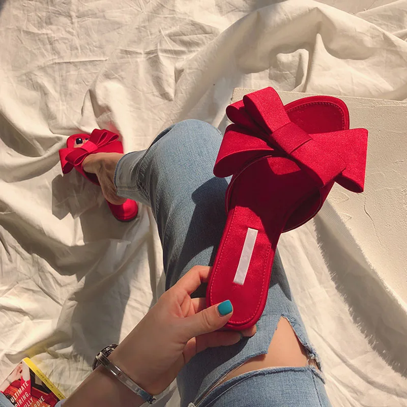 

Round head thick with open toe sandals and slippers 2019 summer new women's shoes Wearing a bow with flat slippers