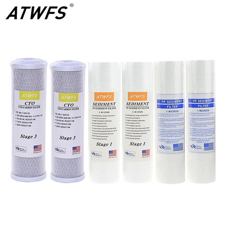 

Water Filter Cartridge 2pcs 5Micron PPF Cotton+ 2pcs 1Micron PPF Cotton+ 2 pcs Activated Carbon Reverse Osmosis System