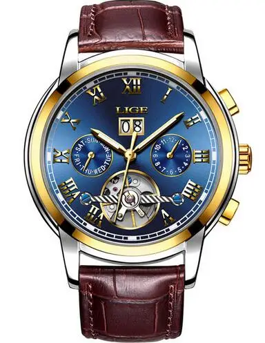 Gold blue leather LIGE автоматические механические мужские часы Лидирующий бренд деловые мужские часы нержавеющая сталь спортивные водонепроница - Цвет: Gold blue leather