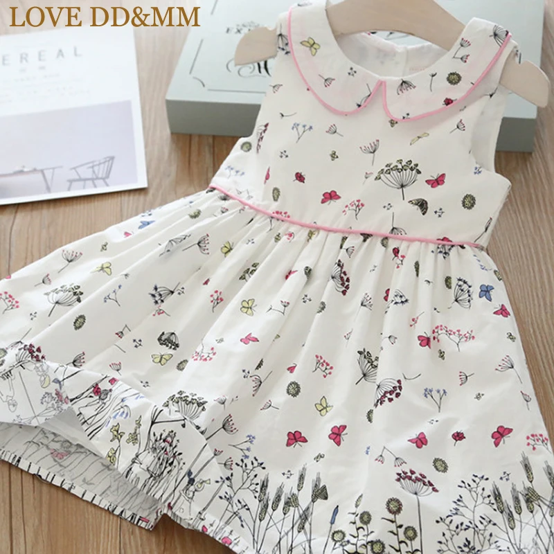 Платья для девочек с надписью LOVE DD& MM коллекция года, Новая Осенняя детская одежда милое платье-майка без рукавов с кукольным воротником и цветочным принтом для девочек