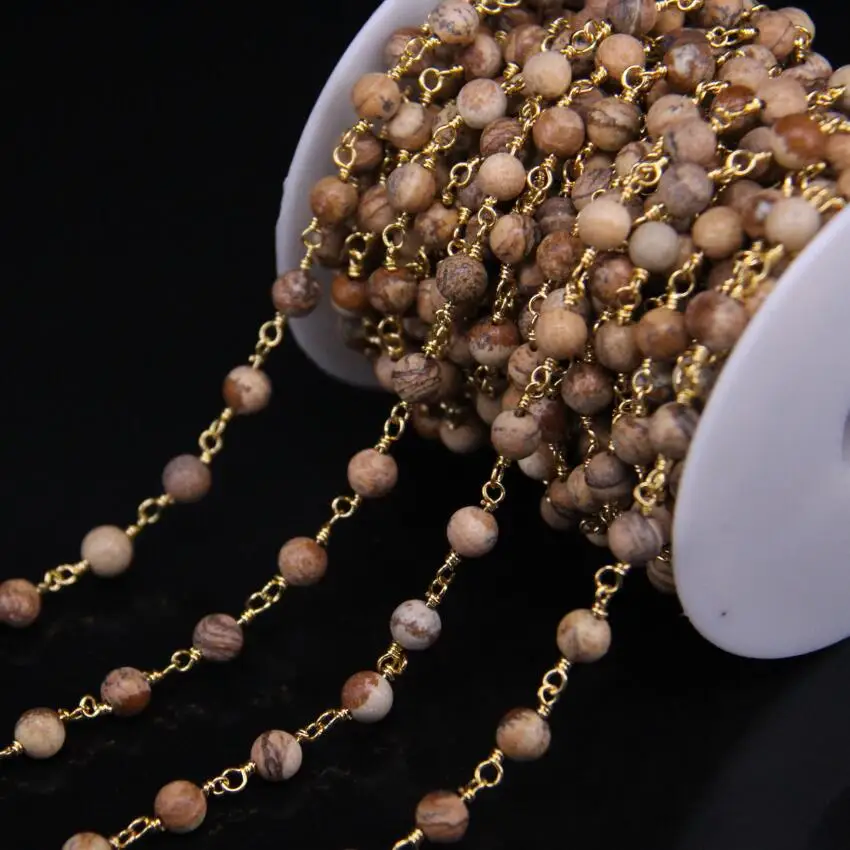 

5Meter,Picture Jaspers Round beads 18k Rosary Chain,Natural Stone Gold plate Wire Wrapped Link Chain DIY Necklace Crafts
