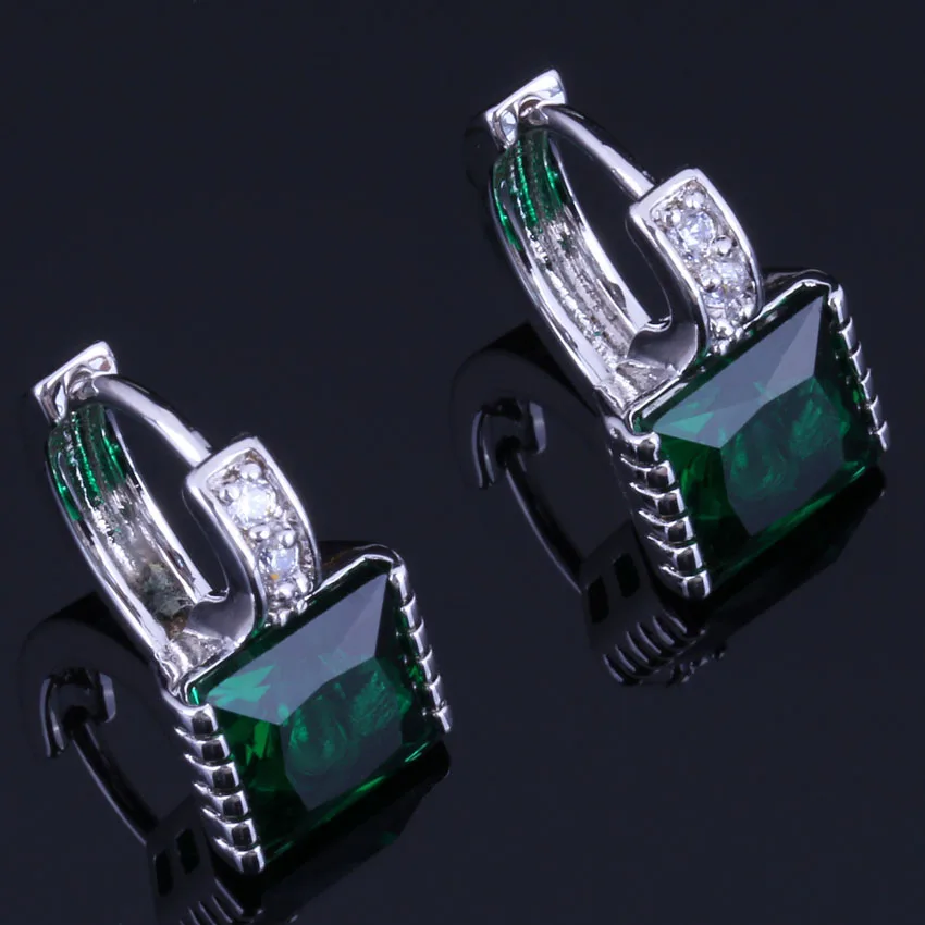 

Adorable Square Green Cubic Zirconia White CZ Silver Plated Clip Hoop Huggie Earrings V0954