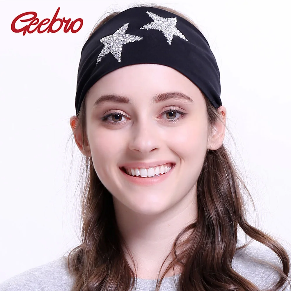

Geebro Women's Star Headband Summer Fashion Black Plain Stretch Headbands Girls Rhinestone Turban Knitted Hair Head Band Wrap