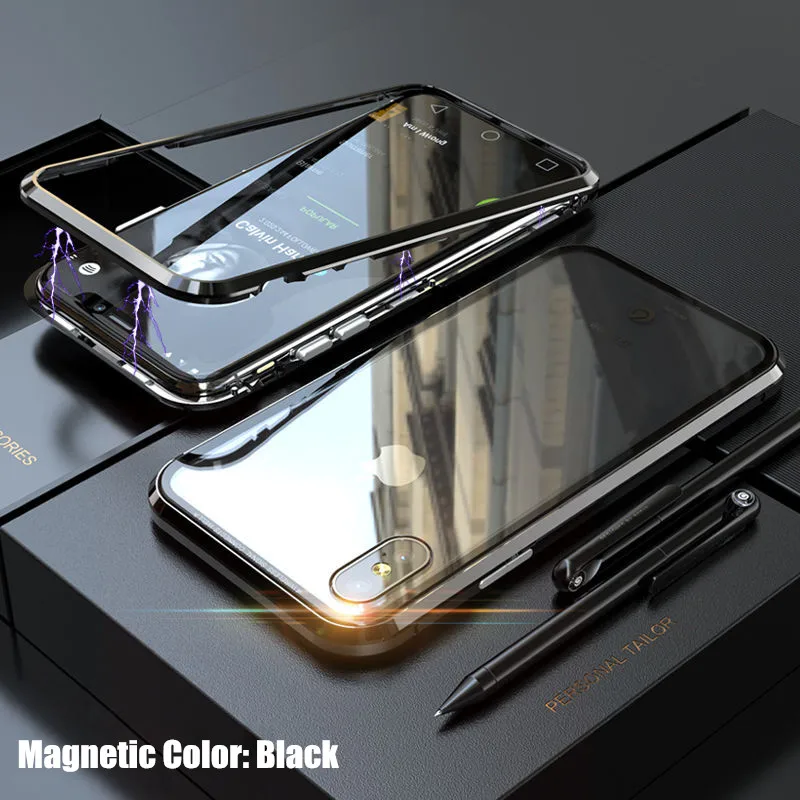 Black Магнитное закаленное стекло чехол для iPhone X 7 8 Plus 360 Полный Край Защитный металлический бампер+ прозрачная стеклянная задняя крышка чехол - Цвет: Black