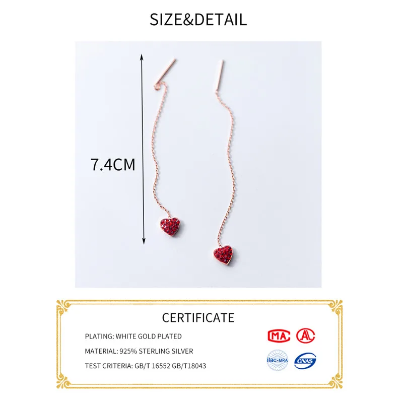 INZATT Гарантия 925 пробы, Серебряные Элегантные висячие серьги с кисточками в богемном стиле с красным сердцем для женщин, модные ювелирные изделия, подарок