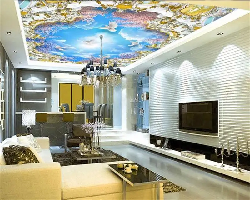 3d ceiling murals wallpaper custom photo non-woven Blue sky clouds cherry tree painting wall mural for living room | Обустройство
