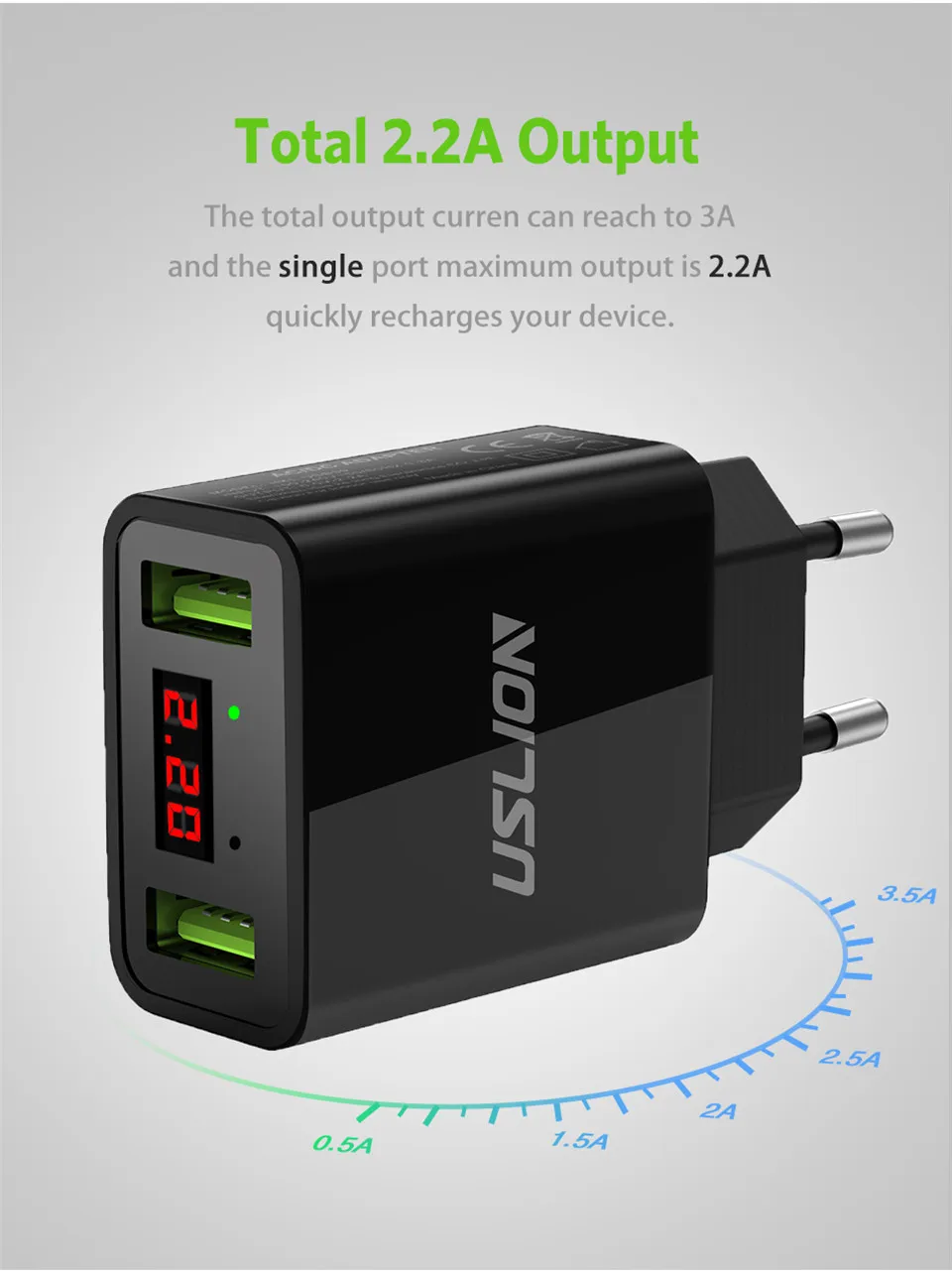 USLION 2 USB зарядное устройство светодиодный дисплей Быстрая зарядка настенное зарядное устройство для iPhone samsung Xiaomi 2.2A двойной usb Мобильный телефон USB зарядное устройство