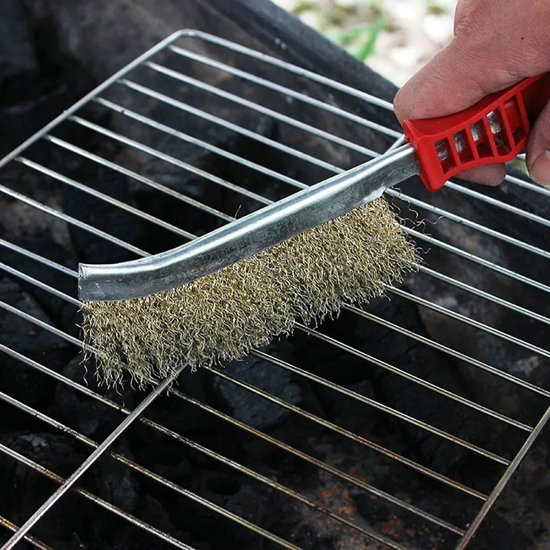 

BBQ Grill Cleaning Brush Red Plastic Handle Steel Wire Brush Copper Plating Derusting Brush Barbecue Mesh Cleaning Accessories