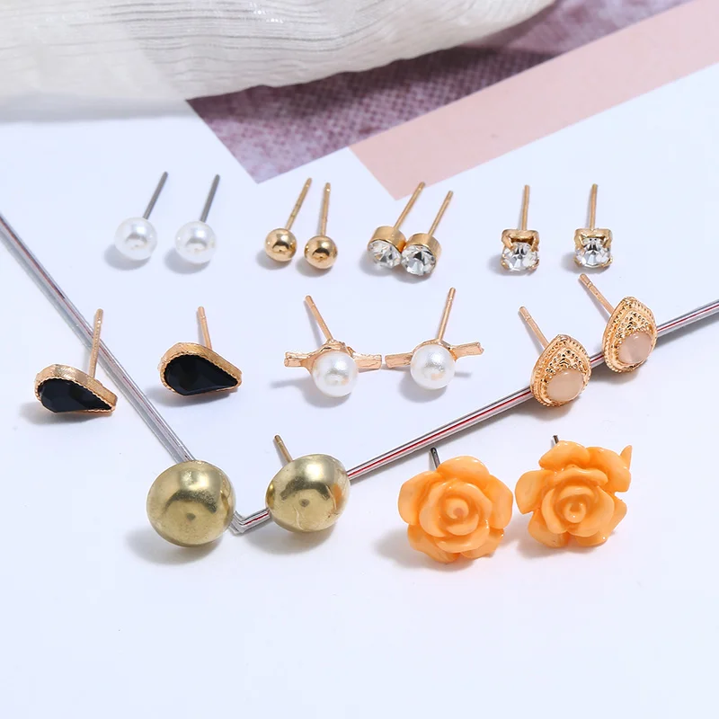 Rhinestone Imitation Pearl Flower 9 Pairs / Ladies Earrings Set Ornament Female Dating Birthday Party Alloy Stud | Украшения и