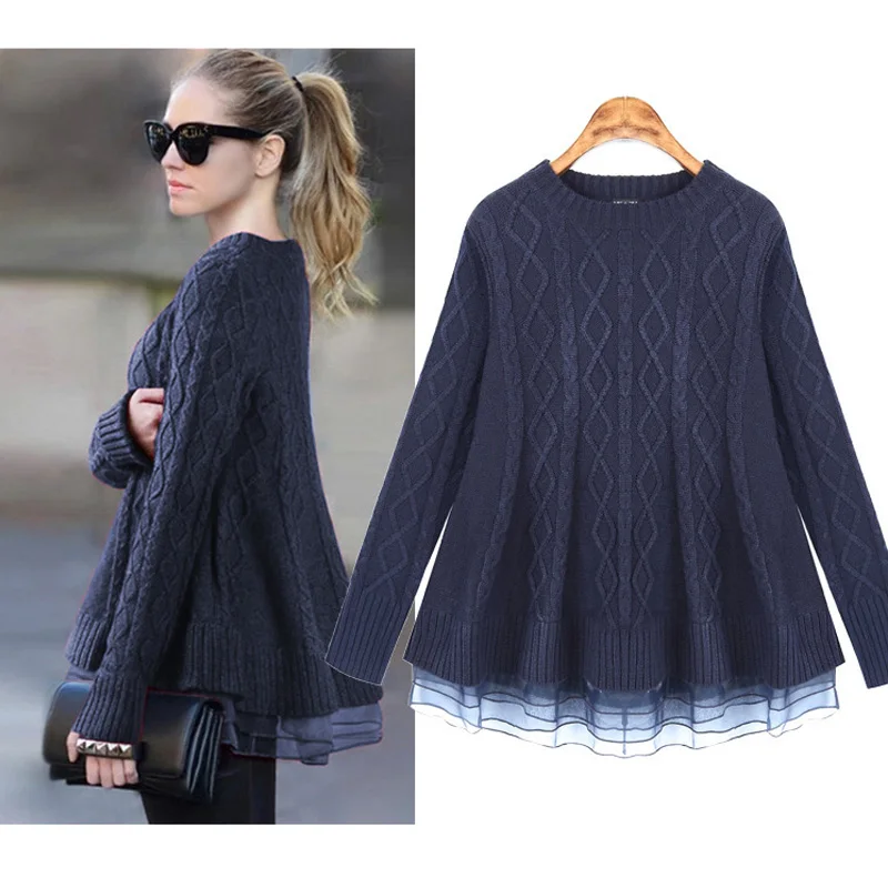 Женский вязаный пуловер с круглым вырезом повседневные свободные кружевные