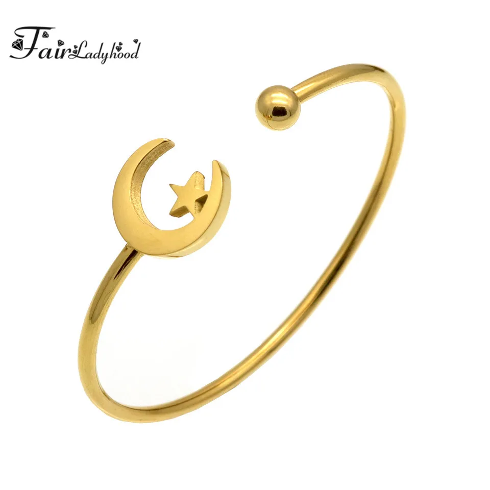 Fairladyhood moon and stars Hallow Design Cuff Bracelet Gold Color Stainless Steel Bangles For Women Wholesale | Украшения и