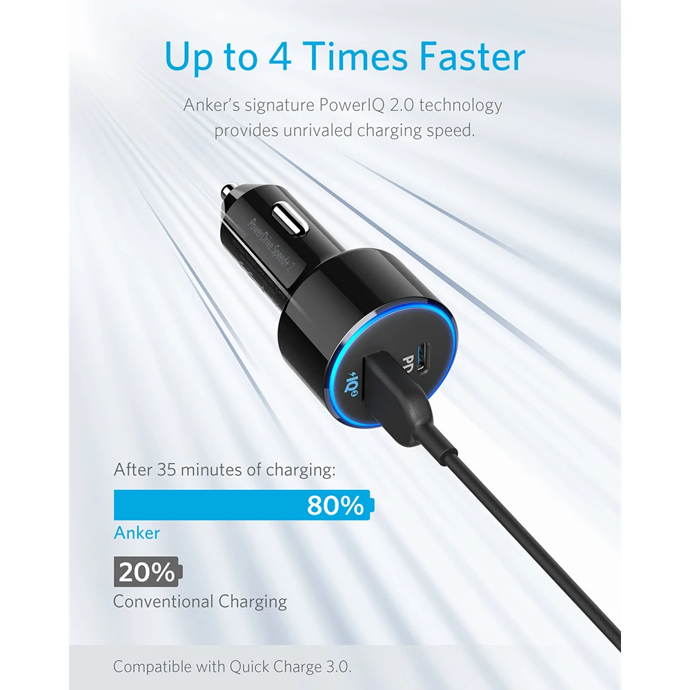 Anker 49,5 W и PowerDrive Скорость+ 2 USB C автомобиля Зарядное устройство, один 30 Вт PD Порты и разъёмы для MacBook IPad iPhone и 19,5 W быстрая зарядка Порты и разъёмы для S9/S8 и т. д