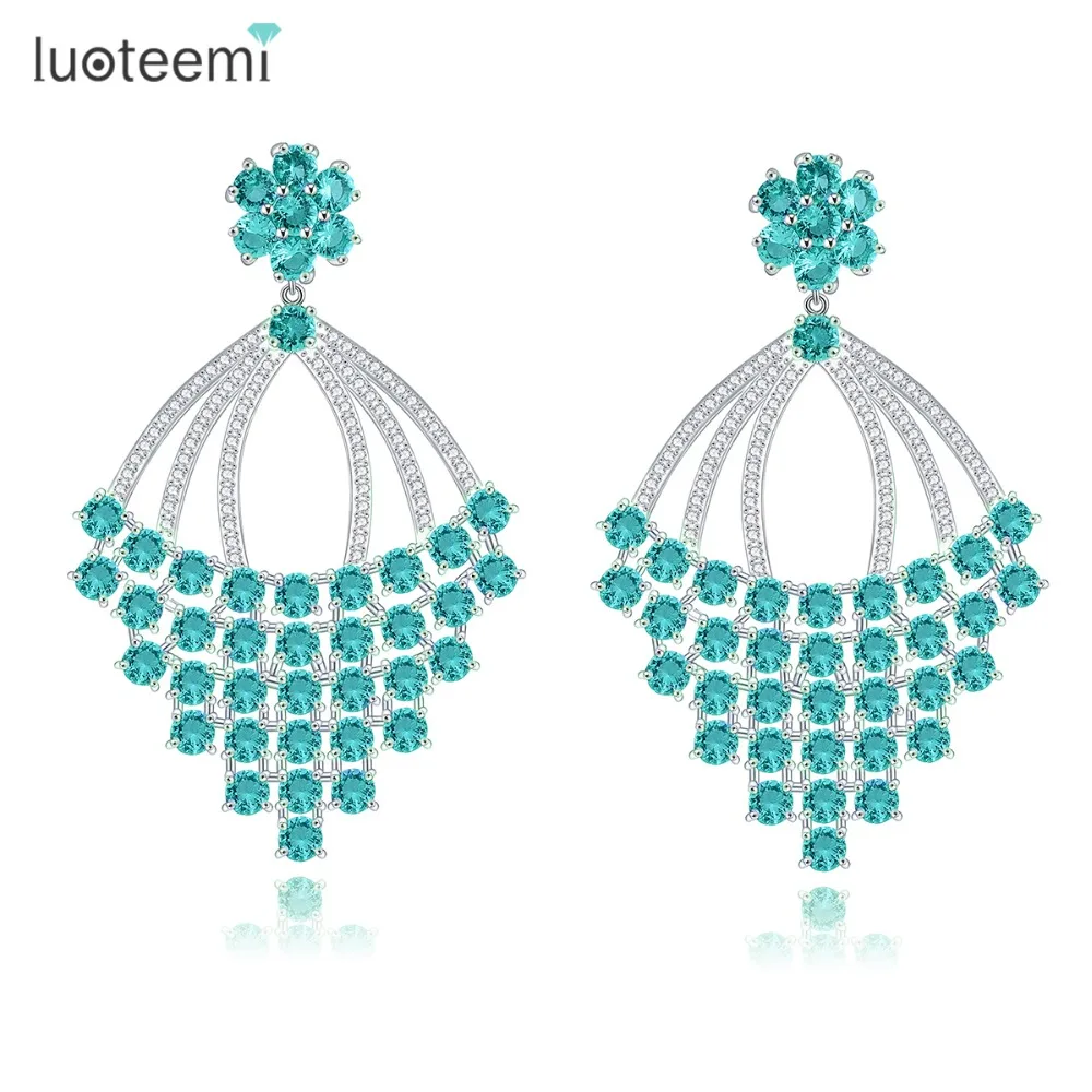 LUOTEEMI,, дизайн, специальный зеленый кубический циркон, большие серьги-гвоздики для женщин, рождественский подарок, ювелирное изделие