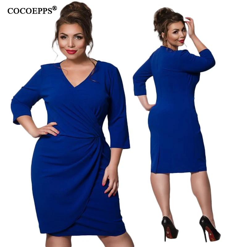 5XL 6XL autumn winter big size party dress blue slim dresses large sizes plus size work office dress solid vestidos v neck
