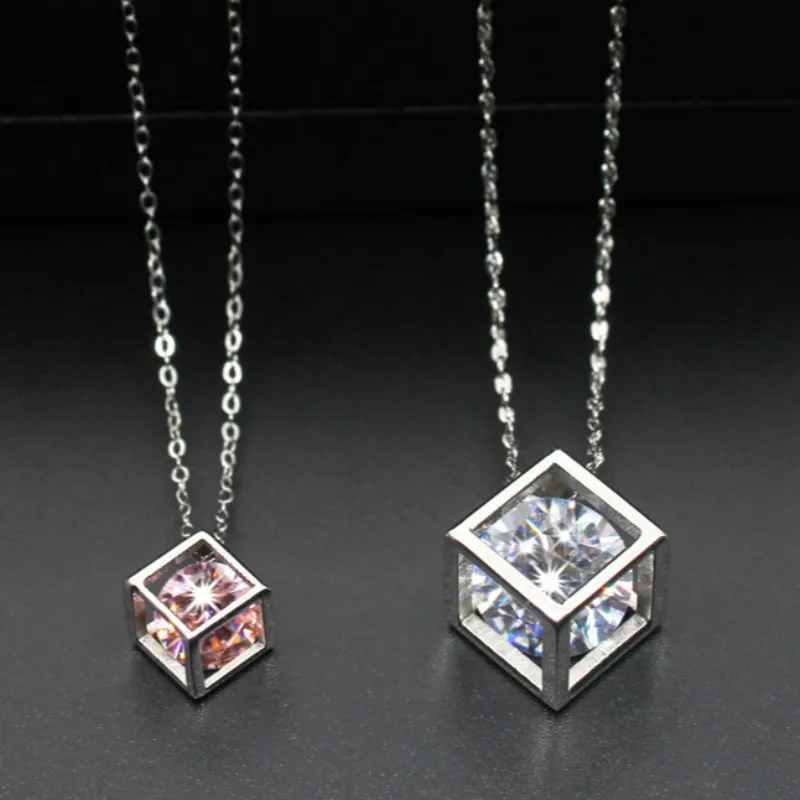 Stainless Steel Pendant Necklace Cube with White Pink Cubic Zircon Pendants for Women Fashion Jewelry 45cm Chain Free |