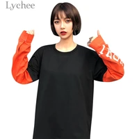 lychee harajuku hit color letter print patchwork women t shirt casual loose long sleeve t shirt spring autumn tee top female