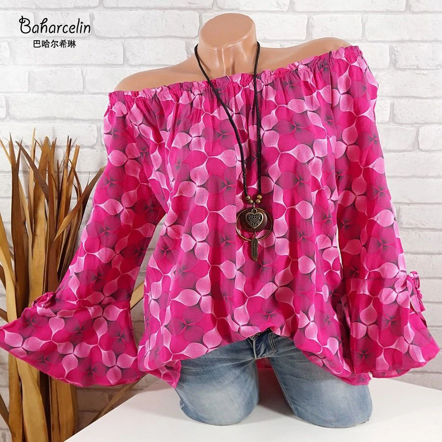 Baharcelin 4XL 5XL Женские рубашки топы с винтажным принтом Лето Slash шеи блузка рубашка