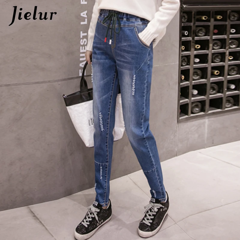 Jielur 2019 осенние модные синие джинсы женские свободные брюки больших размеров