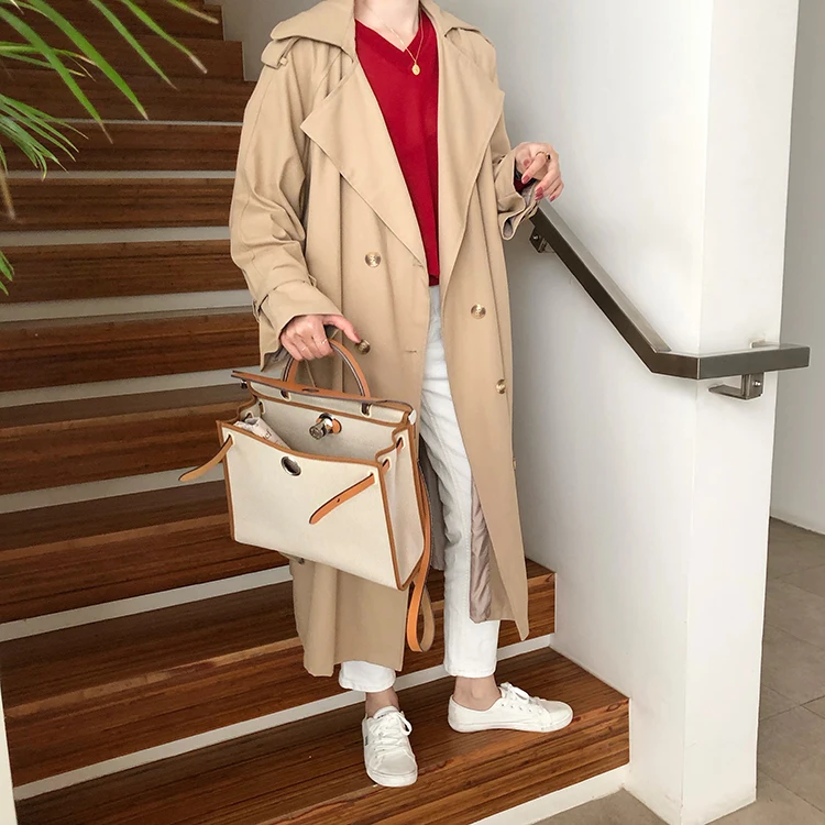 

2020 New Women's Double-Breasted Trench Coat with Belt Classical Lapel Collar Loose Long Windbreaker Russian style Chic Outwear