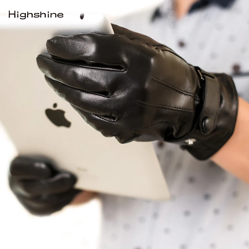 Мужские перчатки из натуральной овечьей кожи черные с ремнем для сенсорного