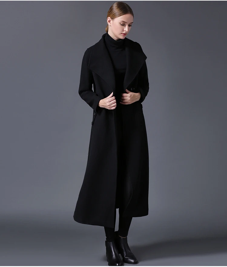 Женское длинное шерстяное пальто однотонное приталенное с поясом Осень зима