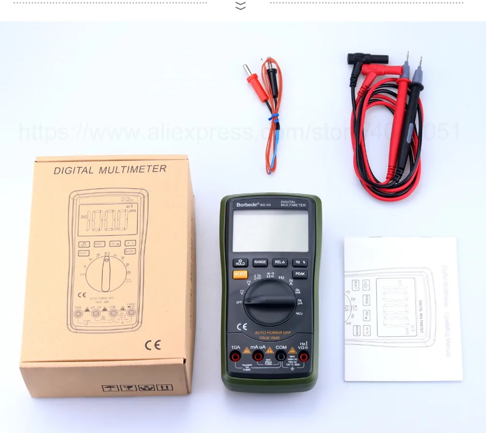 

Borbede BD-99 Digital Multimeter 20000 Counts Auto Range DC AC Resistance Capacitance Peak Hold True RMS NCV Diode Tester