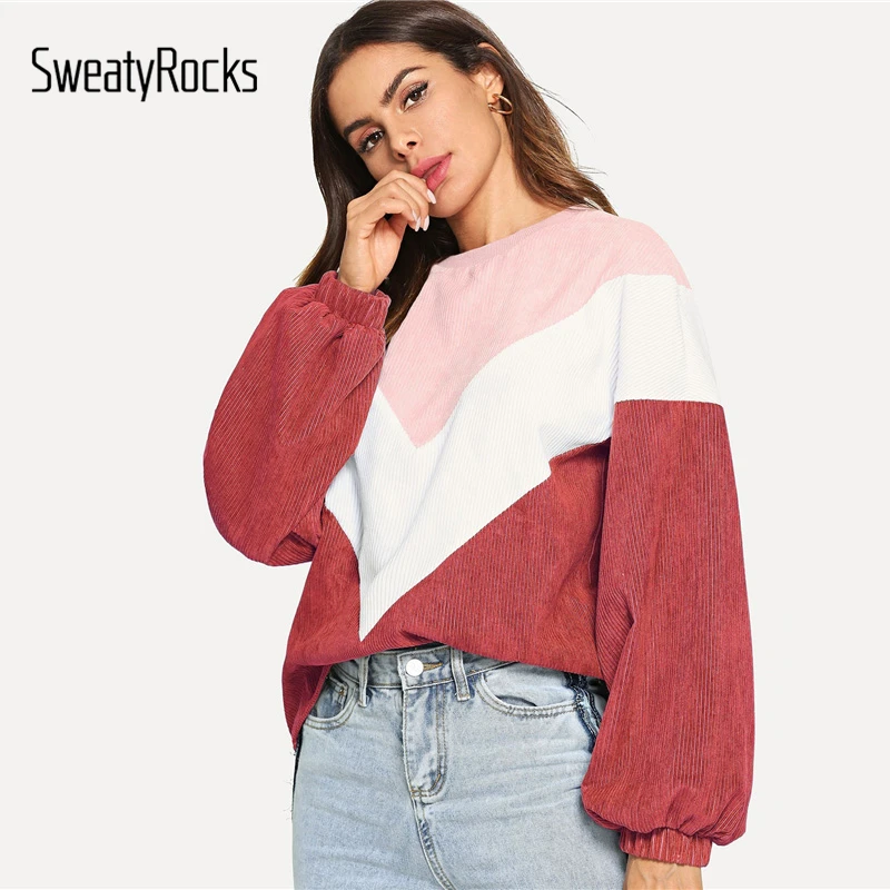 SweatyRocks Повседневный вельветовый свитшот с цветными блоками и длинными рукавами, Пуловеры с круглым вырезом, осень, женские свитшоты