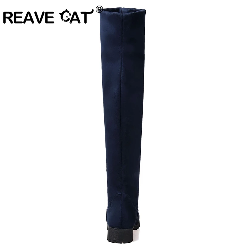 REAVE CAT/Большие размеры 32-43 Для женщин Сапоги выше колена Туфли без каблуков ботинки Sapatos femininos из флока цвет: черный, синий красный мода Повседневное PH049