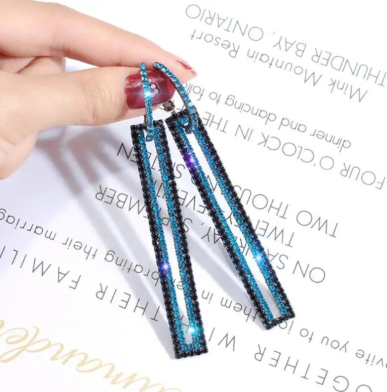 Blue KMVEXO, модные длинные геометрические висячие серьги, роскошные золотые серебряные прямоугольные стразы, серьги для женщин, вечерние ювелирные изделия, подарки - Окраска металла: Blue