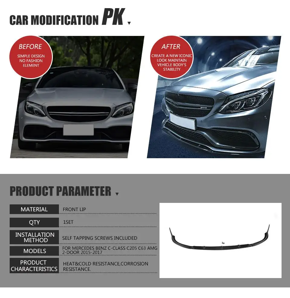 Передний бампер спойлер сплиттеры для Mercedes-Benz C Class W205 C205 C63 AMG Coupe 2 двери- углеродное волокно и FRP