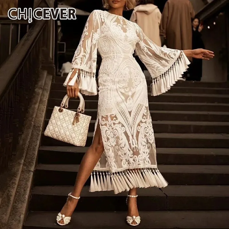 CHICEVER летнее винтажное кружевное лоскутное белое платье с кисточками для женщин