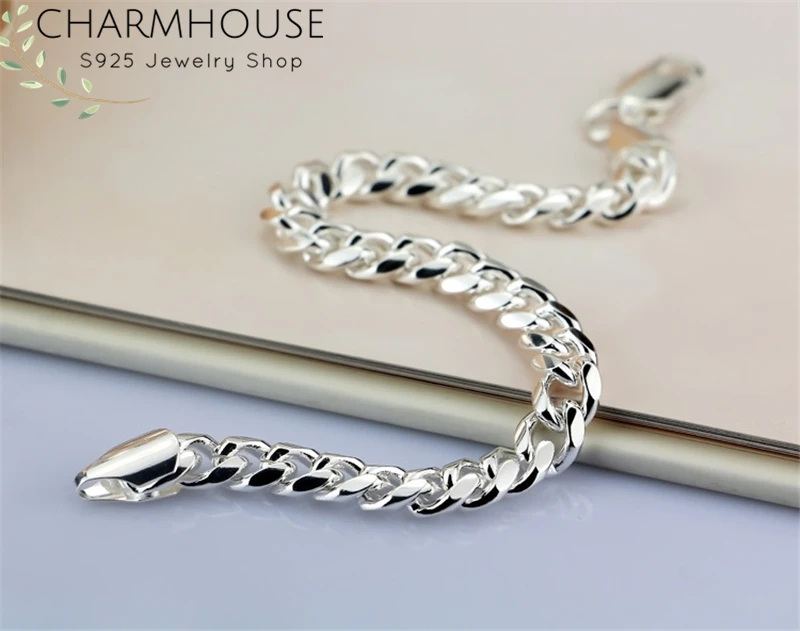 

Charmhouse Solid 925 Silver Bracelets for Men 10mm Link Chain Bangle Bracelet Wristband Pulseira Femme Wedding Bridal Jewelry