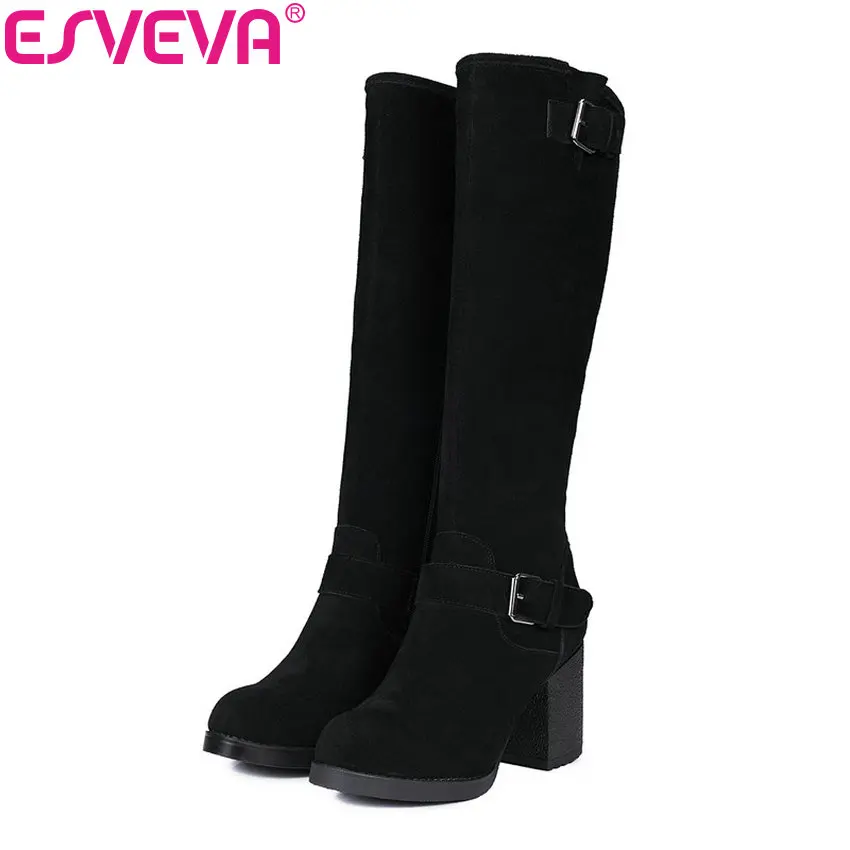 Женские сапоги до колена ESVEVA на высоком квадратном каблуке из коровьей кожи с