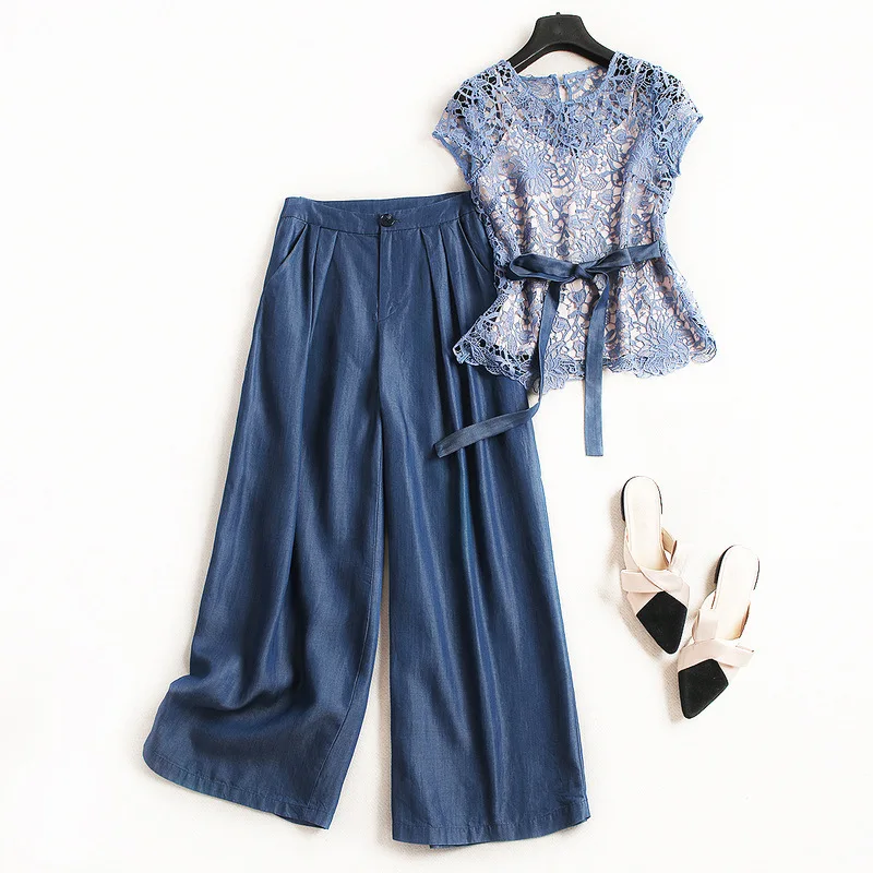 Для женщин элегантные открытые кружевные топы и блузка + джинсы Широкие брюки