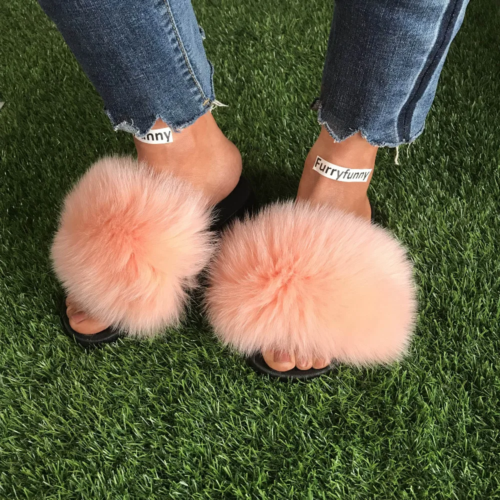Модные шлепанцы на натуральном меху с лисьим мехом Летние сандалии розового и