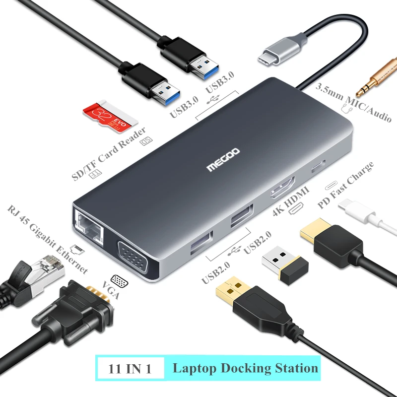 Док-станция Megoo USB C для ноутбука док-станция типа с разъемом VGA/HDMI/Ethernet/USB3.0/Аудио/PD