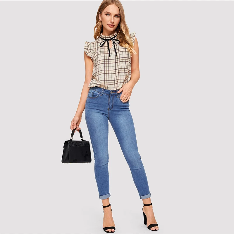 SHEIN Топ В Клетку С Коротким Рукавом, Летние Топы Без Рукавов Женская Блузка С Воротником-Стойкой Элегантные Блузки Для Офиса