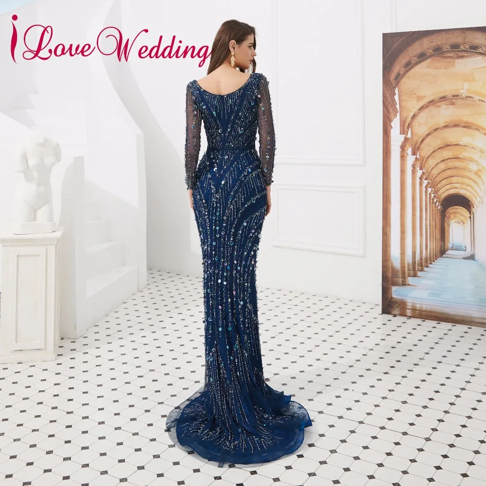 Роскошное темно-синее официальное платье ilovebridal с длинными рукавами сексуальные