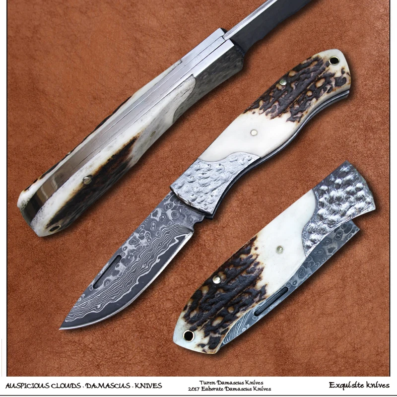 Турен-благоприятные облака 58HRC ручной работы Дамаск уличный карманный нож