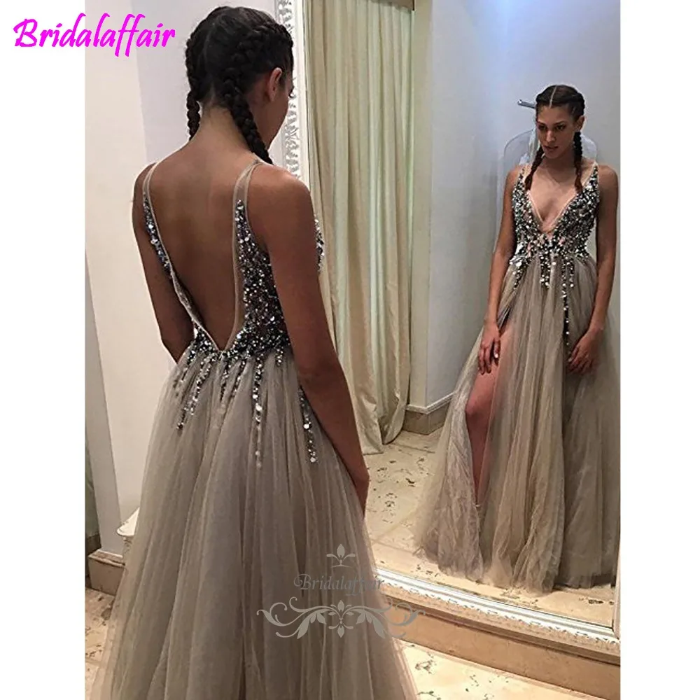 BridalAffair, сексуальные серые платья для выпускного вечера с глубоким v-образным вырезом, с блестками, тюль и кружево, с высоким разрезом, длинное вечернее платье, сексуальные платья для вечеринок