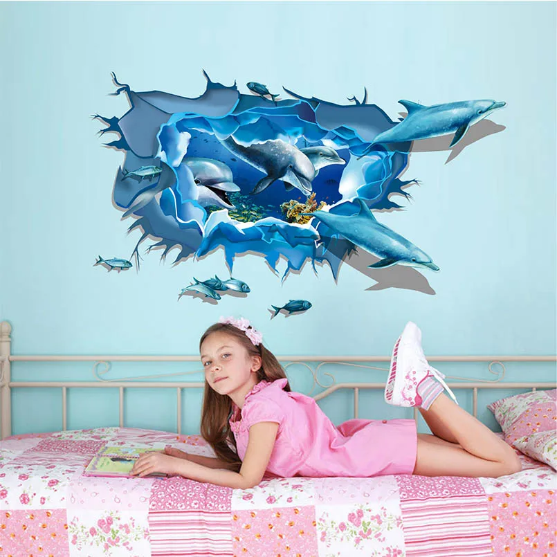 Мультфильм 3D Дельфины Стены Наклейки Съемный Водонепроницаемый Дети Спальня