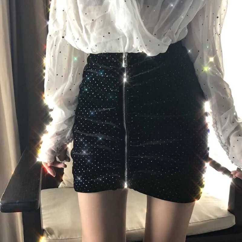 Harajuku пайетки на молнии черный Bodycon Карандаш Короткая юбка Высокая Талия мини