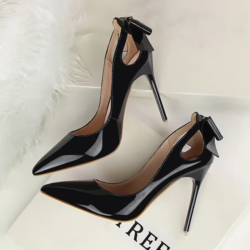 Black Shoes Женские туфли-лодочки пикантные женские туфли на высоком каблуке с острым носком и бантиком-бабочкой; брендовые весенние туфли без застежки для повседневной носки, вечеринки, свадьбы Новинка - Цвет: Black Shoes