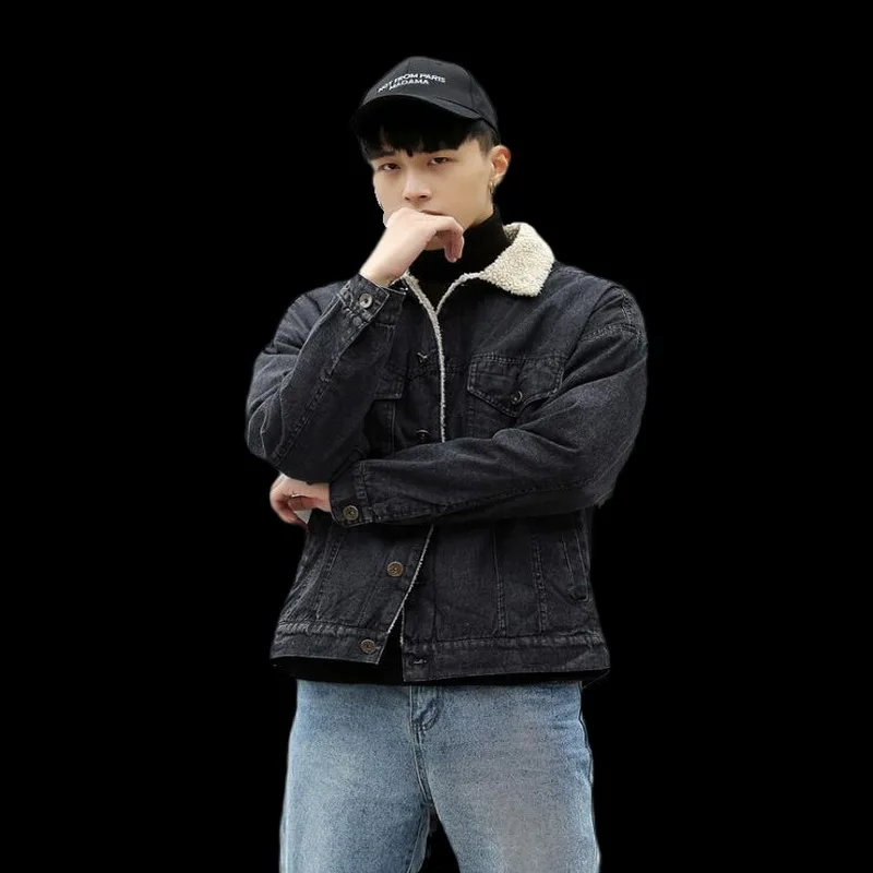 Denim Jacket Men Winter Streetwear Fashion Turn Down Fur Collar Windbreaker Cowboy Jackets Men's Outwear Hip Hop Jeans Coat