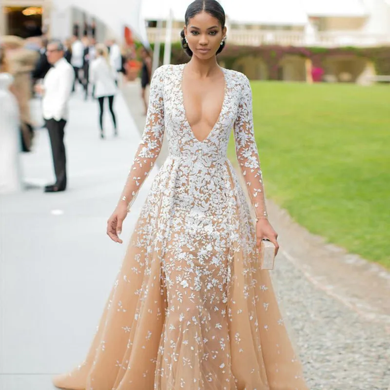 Модные Роскошные Длинные вечерние платья 2019 с длинным рукавом и глубоким v