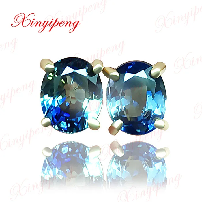 Серьги гвоздики с 100% натуральным сапфиром желтое золото 18 К|earrings with studs|earings gold