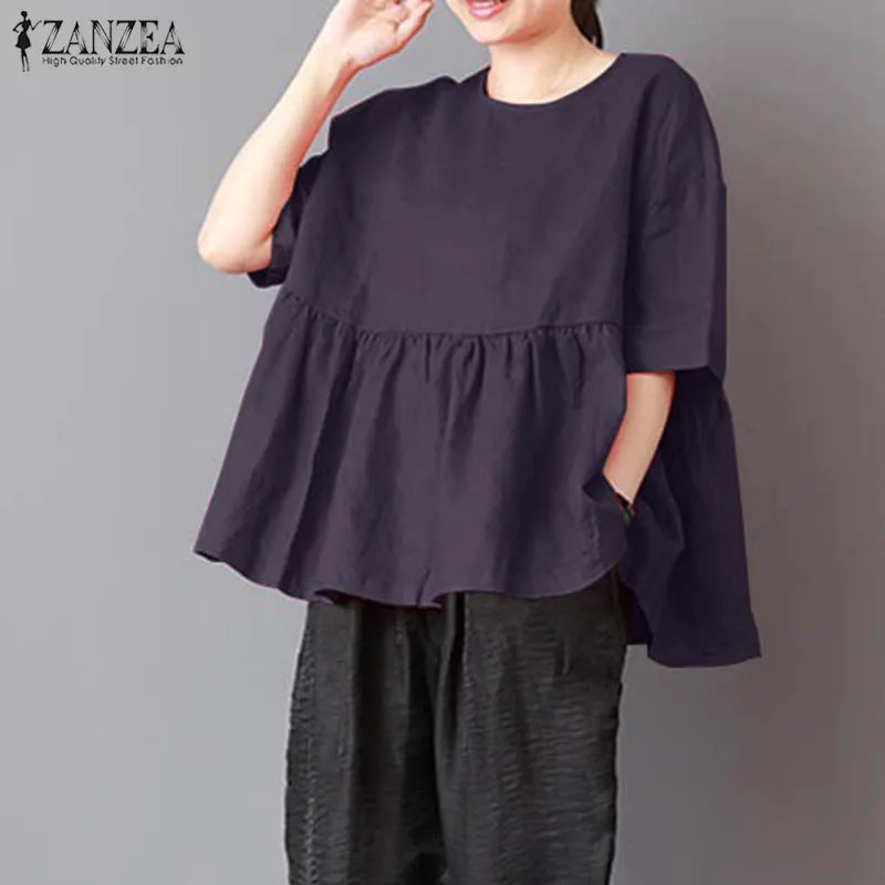 Plus Size ZANZEA Women O Neck Pleated Short Sleeve Tops Loose Baggy Blusas Solid Summer Cotton Linen Blouse Work OL Shirt 2018 |