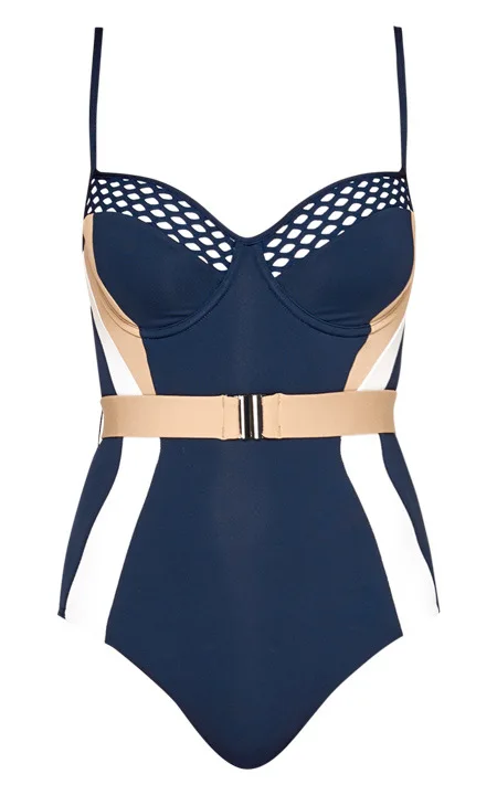 Купальник женский винтажный с пуш апом морской синий поясом|one-piece suit|swimwear