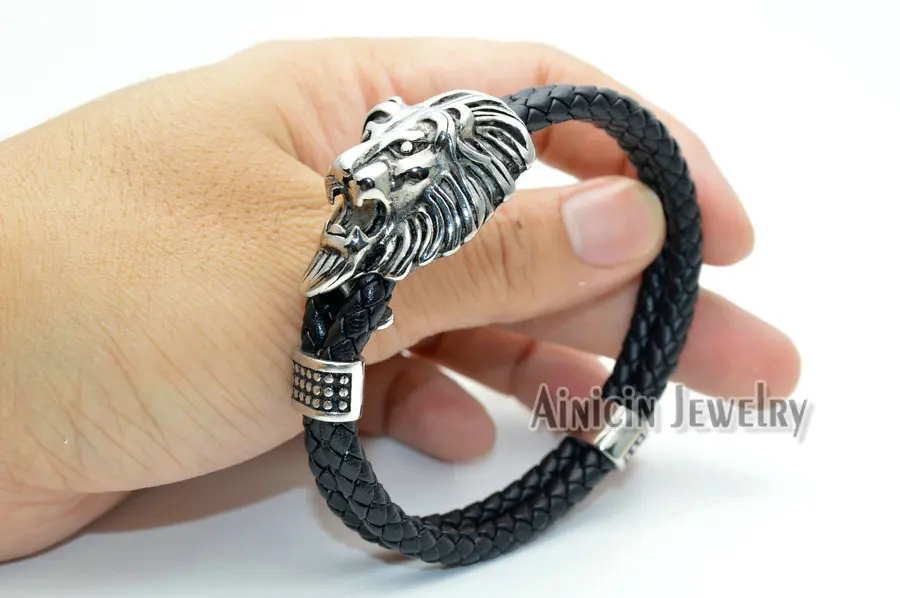 Stainless Steel British Royal Lion Head Double Row Genuine Leather Bracelets Powerful Fashion Men's Bangle Gift 5pcs/lot | Украшения и